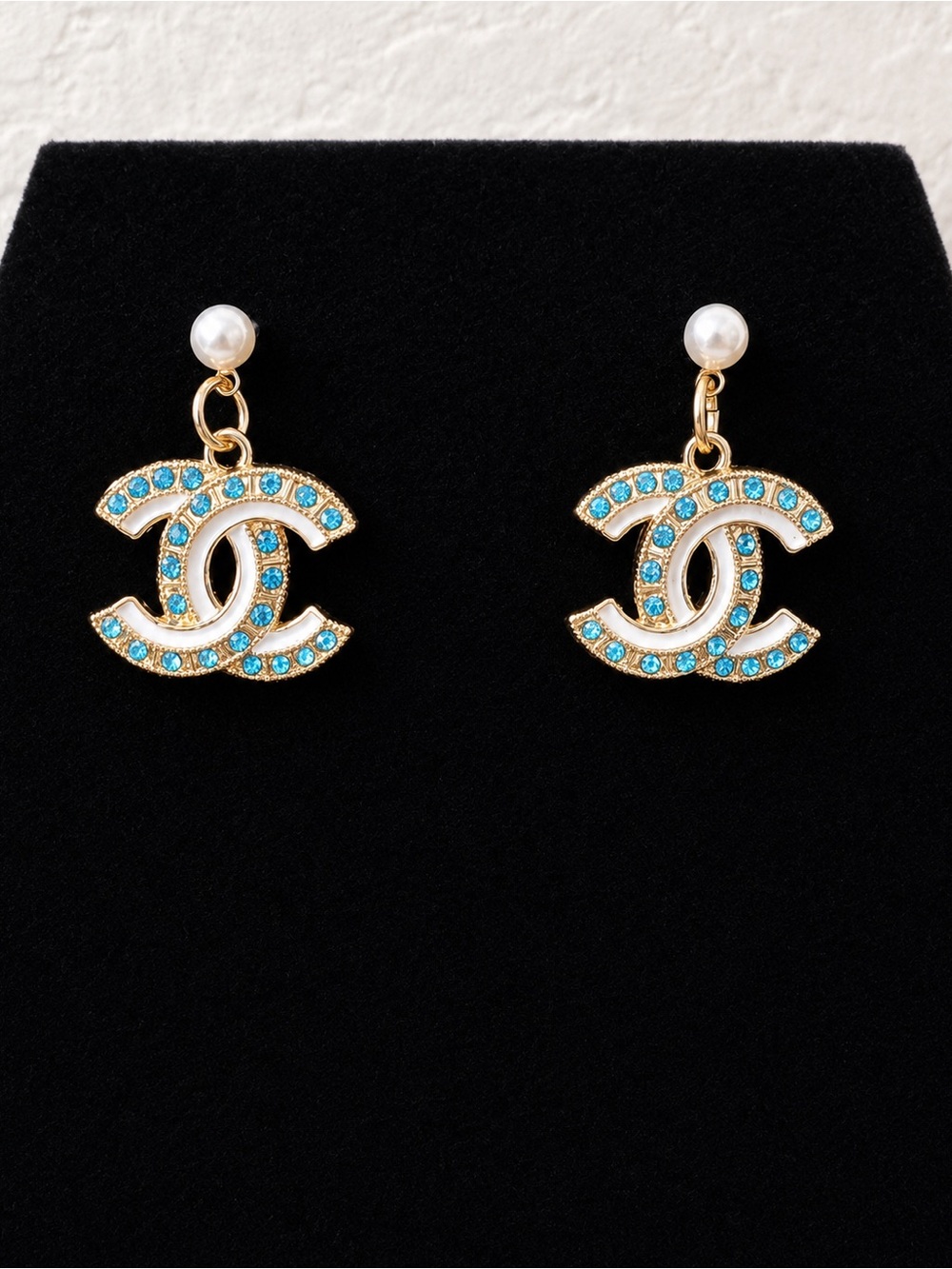 Gold Double-C Drop Earrings with Turquoise Crystals and Pearl Studs